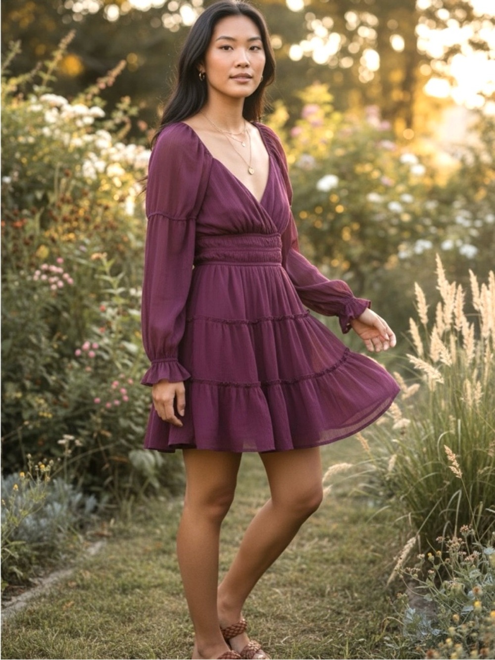 Altar’d State Burgundy Chiffon Tiered Mini Dress Sz S Sheer Flowy Cottage NWT